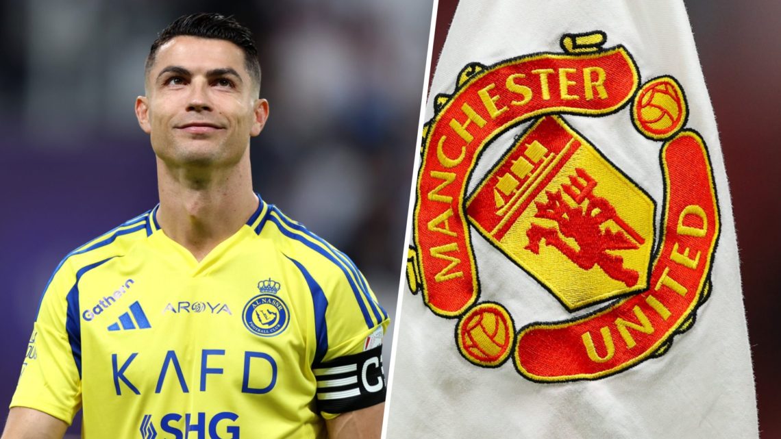 Cristiano Ronaldo split image with Manchester United crest