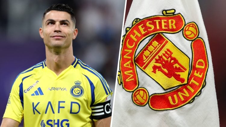 Cristiano Ronaldo split image with Manchester United crest