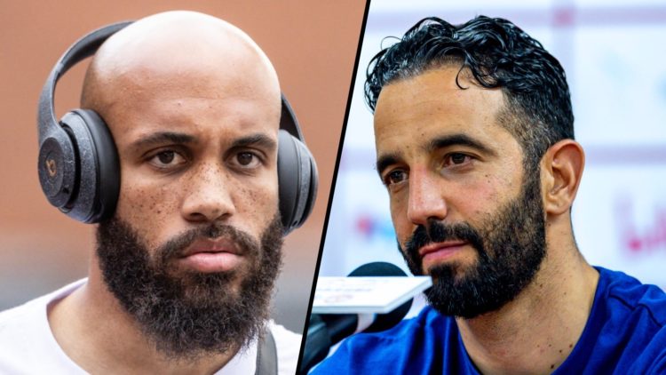 Split image. Bryan Mbeumo head shot image with head phones on and Ruben Amorim head shot image during Manchester United press conference.