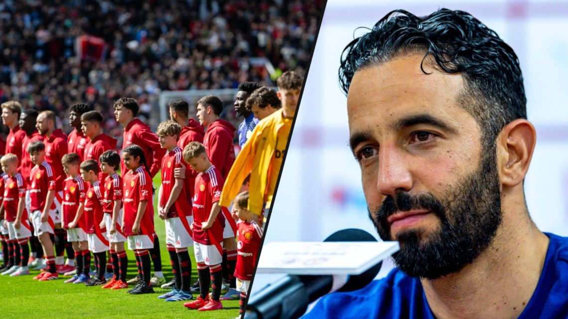 Manchester United manager Ruben Amorim speaking, inset a photo of Manchester United players from the 2024-25 Premier League season.