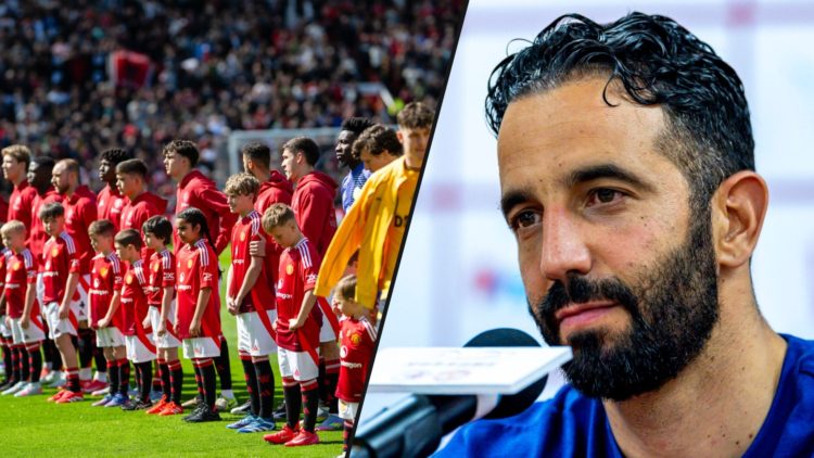 Manchester United manager Ruben Amorim speaking, inset a photo of Manchester United players from the 2024-25 Premier League season.