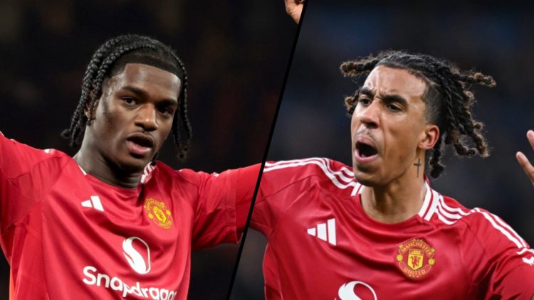 Split image. Ayden Heaven with arms raised in celebration for Manchester United, and Leny Yoro amps up fans by shouting and waving his arms around.