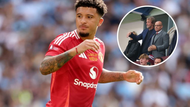 Manchester United winger Jadon Sancho, inset of Sir Jim Ratcliffe and Sir Dave Brailsford.