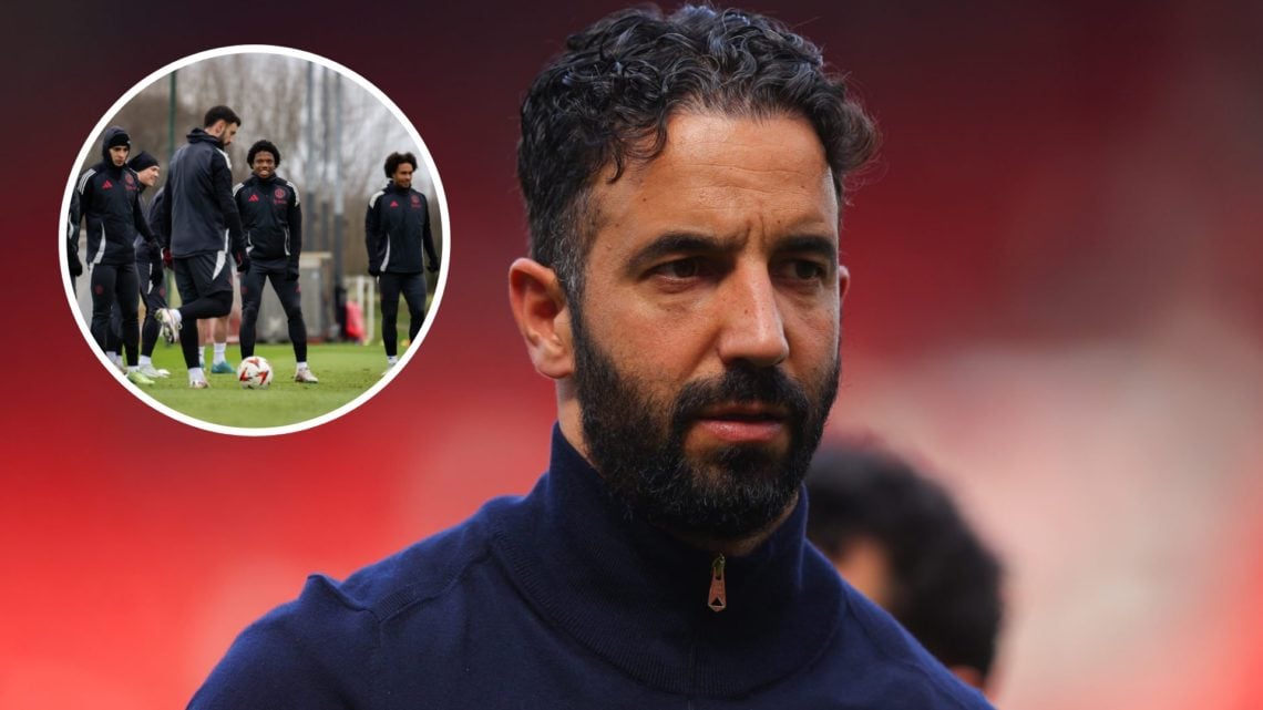 Manchester United head coach Ruben Amorim, inset of Tyrell Malacia in training at Carrington.