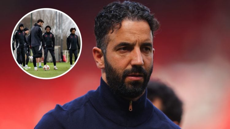 Manchester United head coach Ruben Amorim, inset of Tyrell Malacia in training at Carrington.