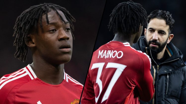 Ruben Amorim and Kobbie Mainoo together during a match, inset a photo of the Manchester United and England midfielder.