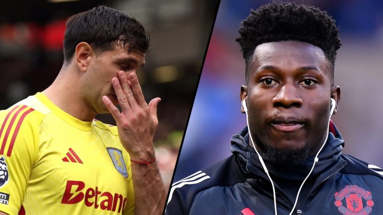 Manchester United and Cameroon No 1 Andre Onana, inset a photo of Aston Villa and Argentina shot-stopper Emiliano Martinez.