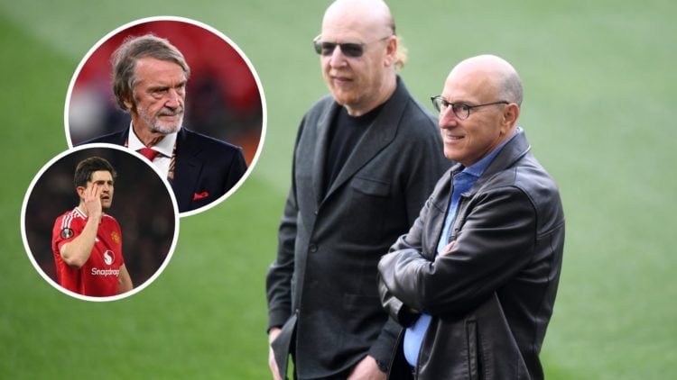 Manchester United owners Joel and Avram Glazer, inset of Harry Maguire and Sir Jim Ratcliffe.