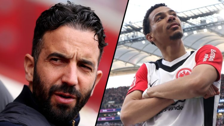 Eintracht Frankfurt striker Hugo Ekitike playing in a match, inset a photo of Manchester United manager Ruben Amorim.