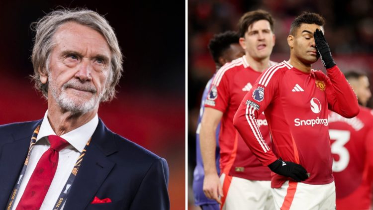 Split image of Manchester United co-owner Sir Jim Ratcliffe and Casemiro in action at Old Trafford.