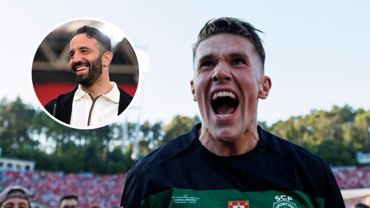 Sporting Lisbon striker Viktor Gyokeres celebrates, inset of Manchester United head coach Ruben Amorim.