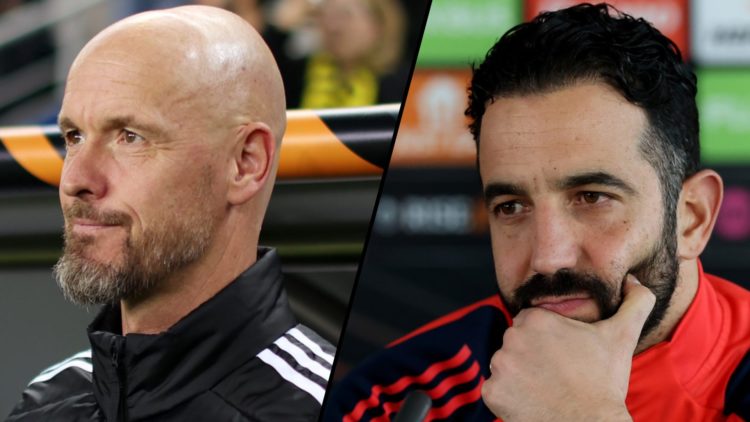 Erik ten Hag when he was Manchester United manager, inset a photo of Ruben Amorim at the Carrington training complex.