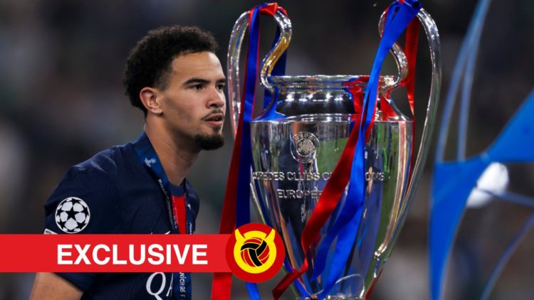 Warren Zaire-Emery next to Champions League trophy with PSG medal on. Overlaid UIF logo and exclusives banner.