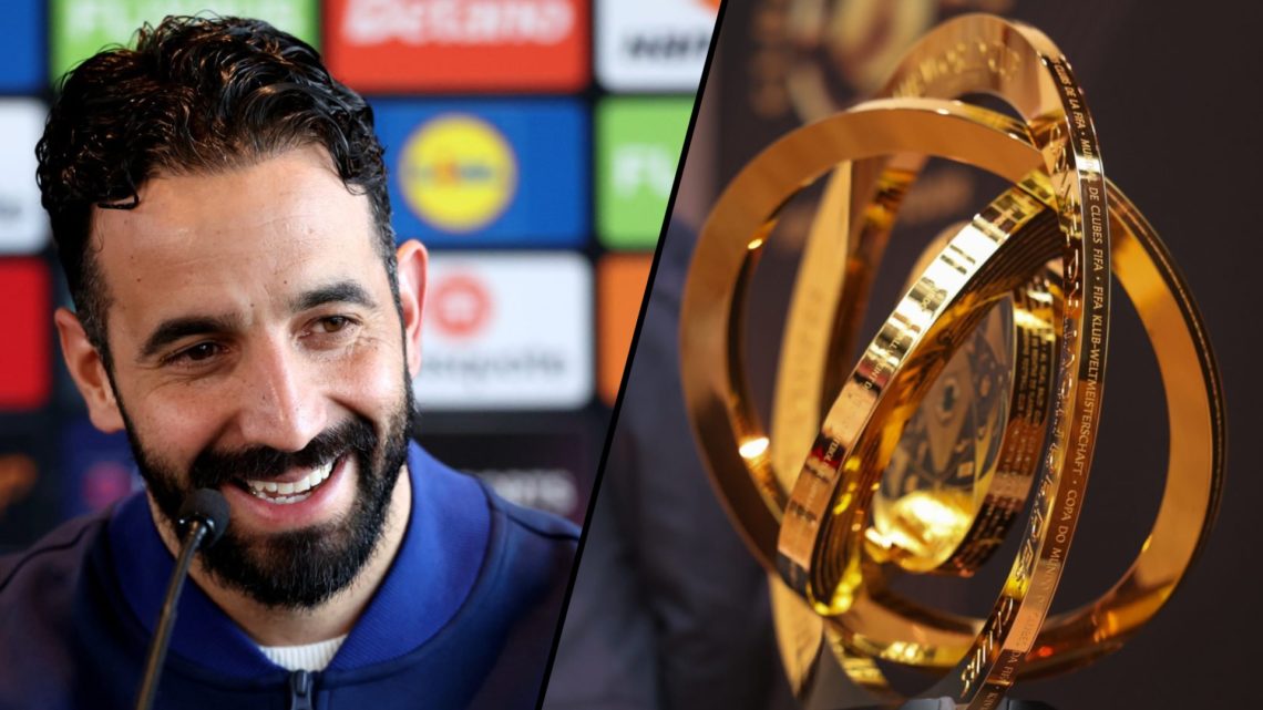 The FIFA Club World Cup revealed in Riyad, Saudi Arabia, in 2025, inset a photo of Manchester United manager Ruben Amorim.
