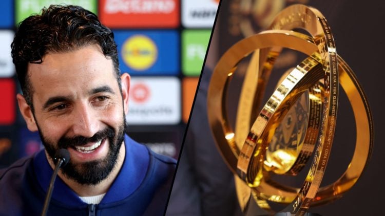 The FIFA Club World Cup revealed in Riyad, Saudi Arabia, in 2025, inset a photo of Manchester United manager Ruben Amorim.