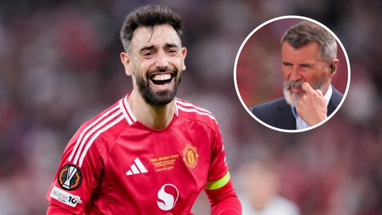Manchester United captain Bruno Fernandes, inset of Manchester United legend Roy Keane.