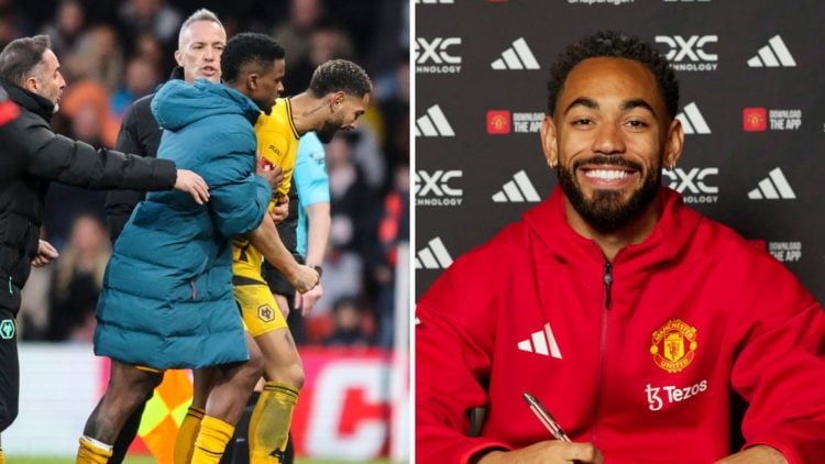 Manchester United signing Matheus Cunha, split image of Cunha heading down the tunnel after red card vs Bournemouth.
