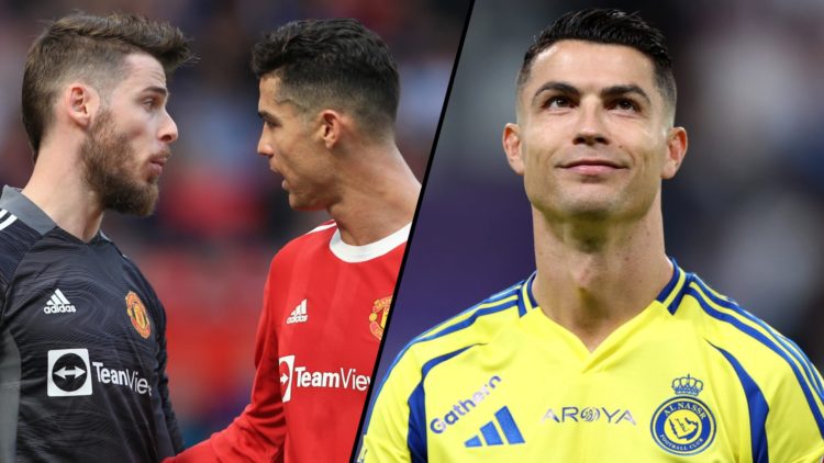 David de Gea and Cristiano Ronaldo during a Premier League match for Manchester United, inset a photo of the Al Nassr and Portugal superstar.