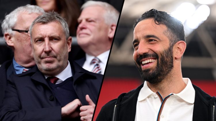 Split image, Jason Wilcox reaches into his pocket while watching Manchester United in action and Ruben Amorim laughing during media event in Bilbao.
