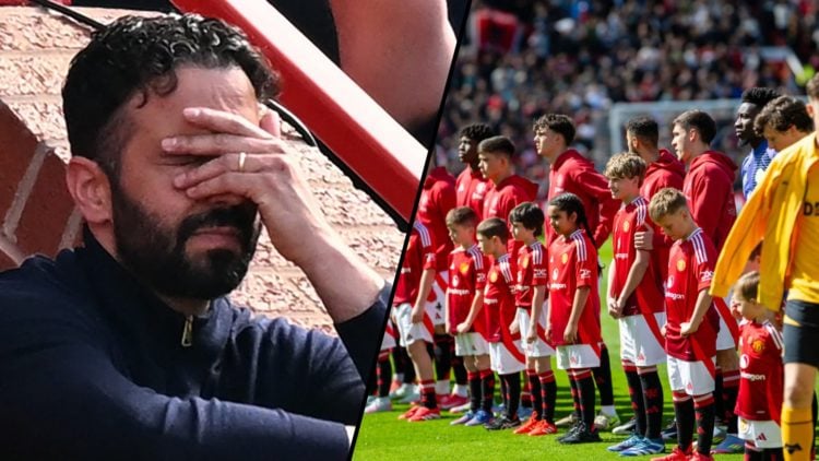 Manchester United head coach Ruben Amorim during a Premier League match vs West Ham, inset a photo of Manchester United players.