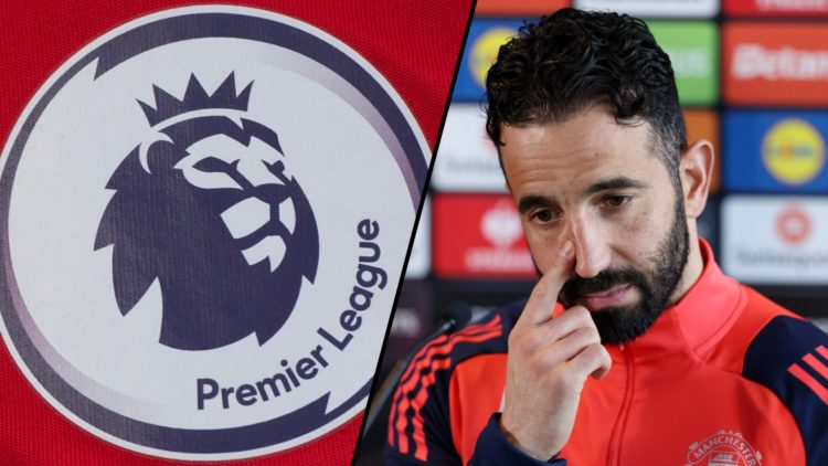 Manchester United manager Ruben Amorim ahead of the Europa League match vs Lyon, inset a photo of the Premier League logo.