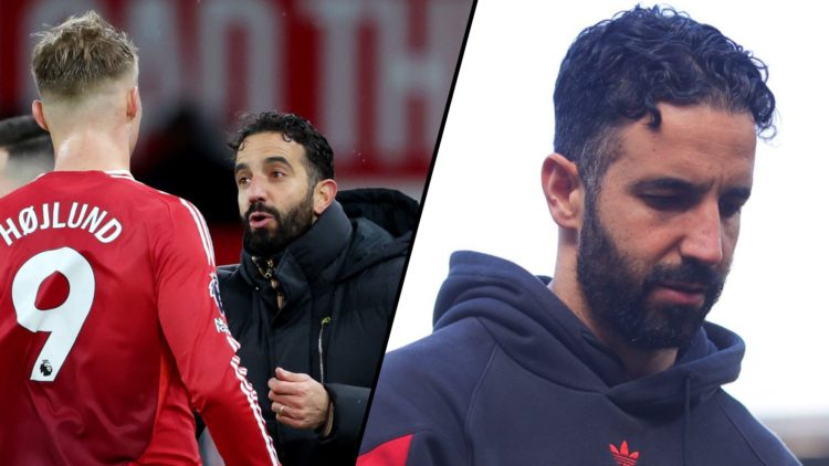 Ruben Amorim speaks with Rasmus Hojlund during a Premier League match, inset a photo of the Manchester United manager.