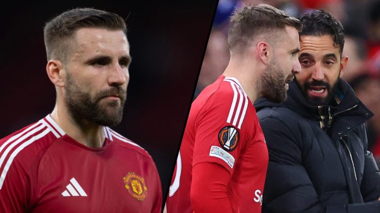 Luke Shaw during a Premier League match against Everton, inset a photo of the Manchester United defender with Ruben Amorim.