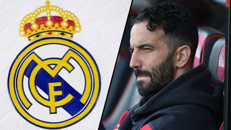 Manchester United manager Ruben Amorim during a match, inset a photo of the club crest belonging to Real Madrid.