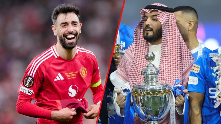 Split image showing Manchester United captain Bruno Fernandes and Al-Hilal president Fahad bin Nafel