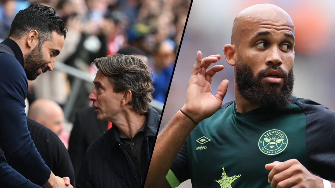 Brentford star Bryan Mbeumo during a match, inset a photo of Manchester United manager Ruben Amorim and Tottenham boss Thomas Frank.
