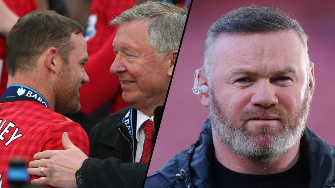 Manchester United legend Wayne Rooney as an Amazon Prime Video pundit, inset a photo of the England icon with Sir Alex Ferguson.