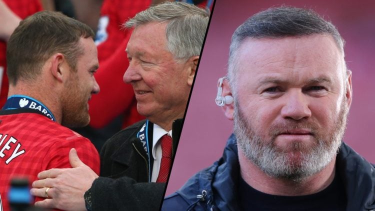 Manchester United legend Wayne Rooney as an Amazon Prime Video pundit, inset a photo of the England icon with Sir Alex Ferguson.