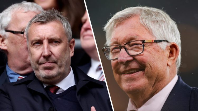 Split image. Jason Wilcox reaches into pocket while watching Manchester United and Sir Alex Ferguson smiling.