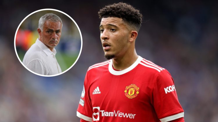 Manchester United winger Jadon Sancho, inset of former manager Jose Mourinho.