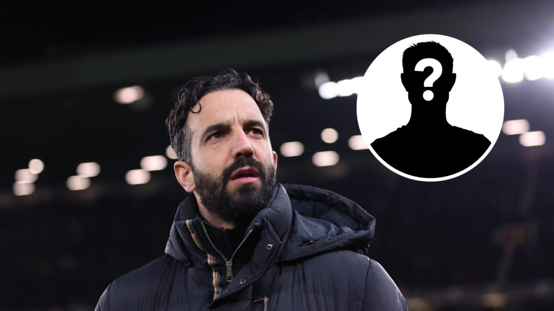 Manchester United boss Ruben Amorim looks on against Real Sociedad. Inset, a mystery player icon.