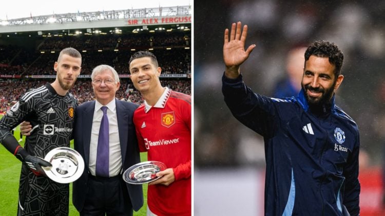 Split image of David de Gea receiving an award at Old Trafford and Manchester United head coach Ruben Amorim.