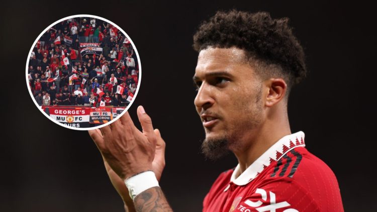 Manchester United winger Jadon Sancho, inset of Manchester United fans.