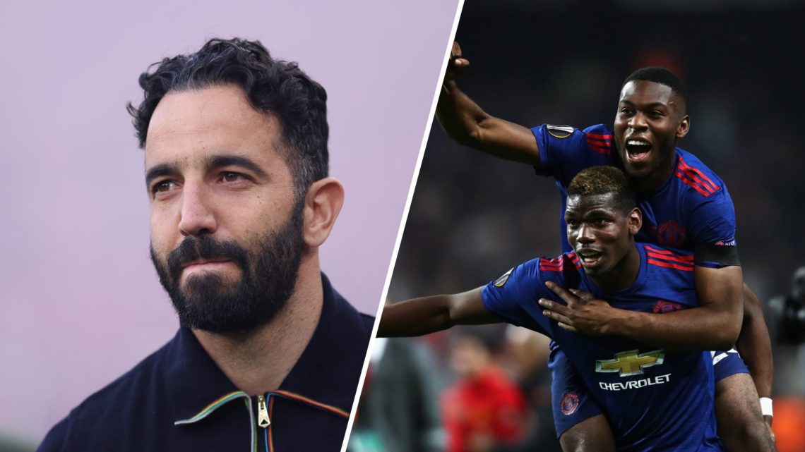 A split image of Manchester United boss Ruben Amorim (L) and Manchester United defender Timothy Fosu-Mensah on the shoulders of Paul Pogba (R)