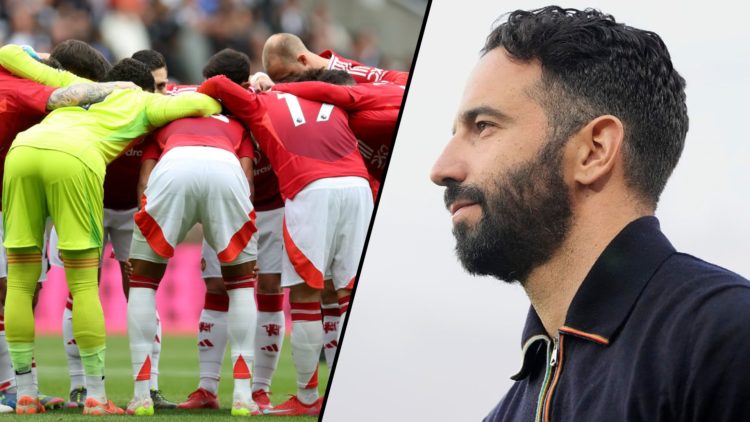 Manchester United players ahead of the Premier League match vs Newcastle, including an inset of Manchester United manager Ruben Amorim.