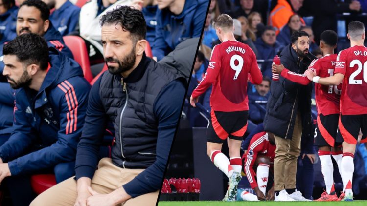 Ruben Amorim instructs Amad Diallo during the Manchester City match, inset a photo of the Manchester United manager.
