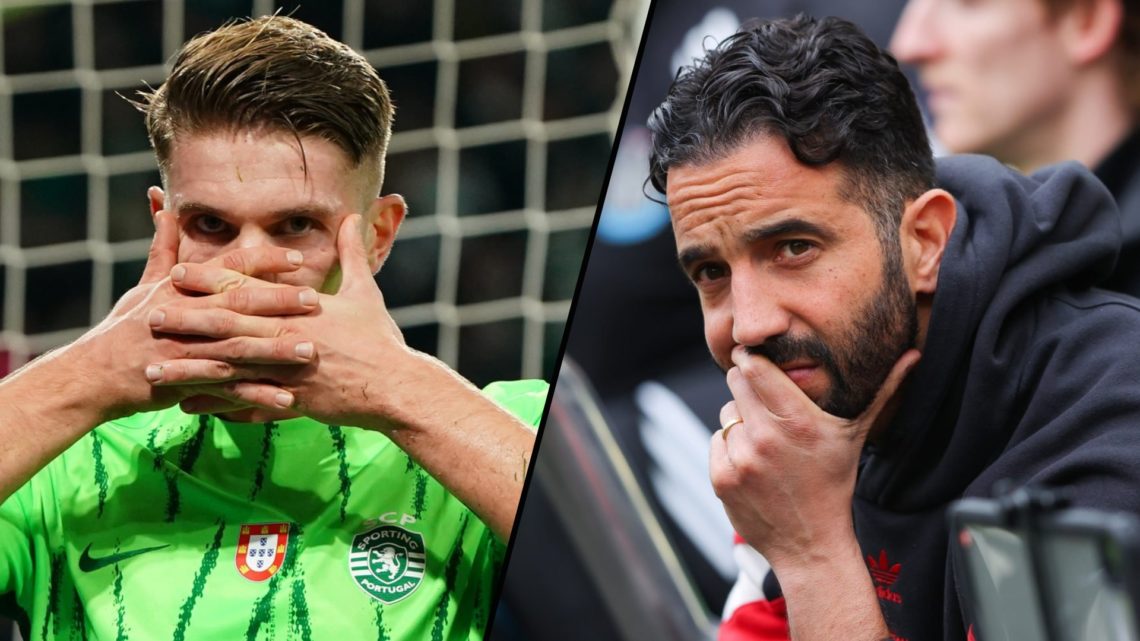 Sporting CP striker Viktor Gyokeres celebrates during a Portuguese Cup match, inset a photo of Manchester United manager Ruben Amorim.