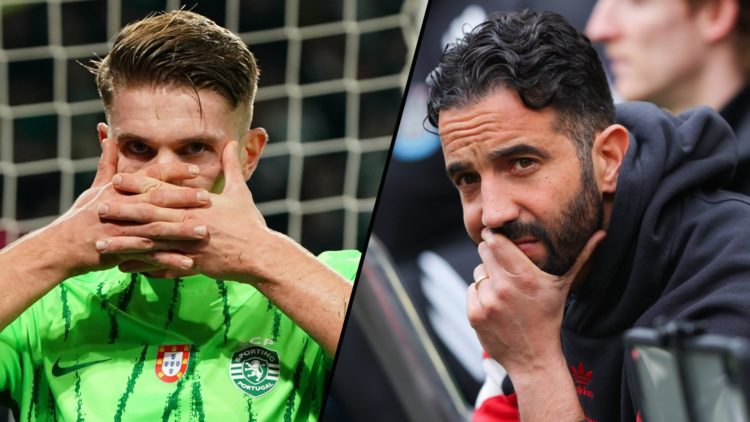 Sporting CP striker Viktor Gyokeres celebrates during a Portuguese Cup match, inset a photo of Manchester United manager Ruben Amorim.