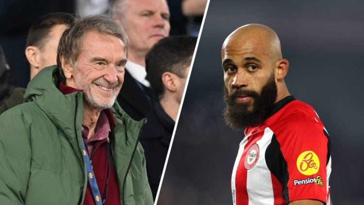 Manchester United co-owner Sir Jim Ratcliffe in the stands, split image with Brentford star Bryan Mbeumo.