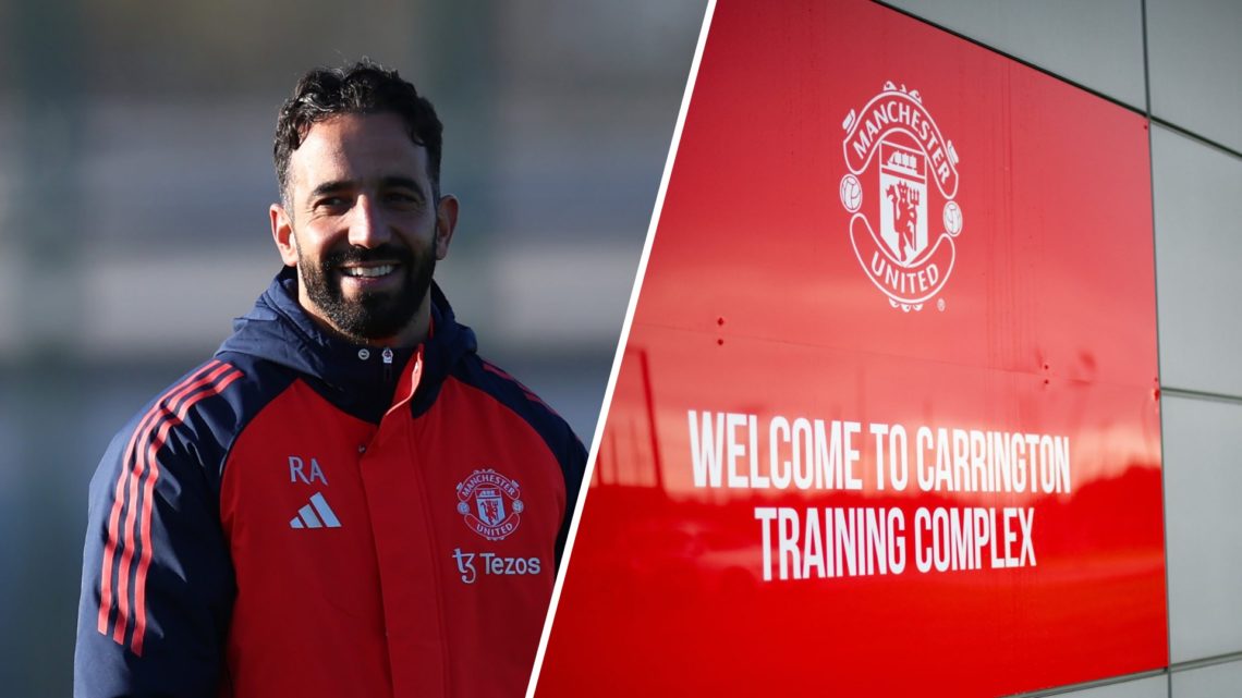 Manchester United head coach Ruben Amorim, split image of Carrington training facility welcome sign.