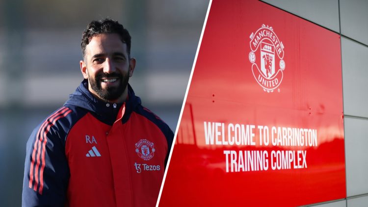 Manchester United head coach Ruben Amorim, split image of Carrington training facility welcome sign.