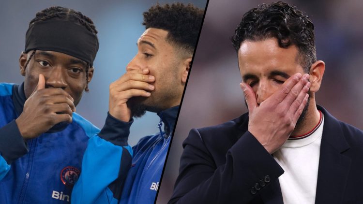 Noni Madueke interacts with Jadon Sancho at Chelsea, inset a photo of Manchester United manager Ruben Amorim.
