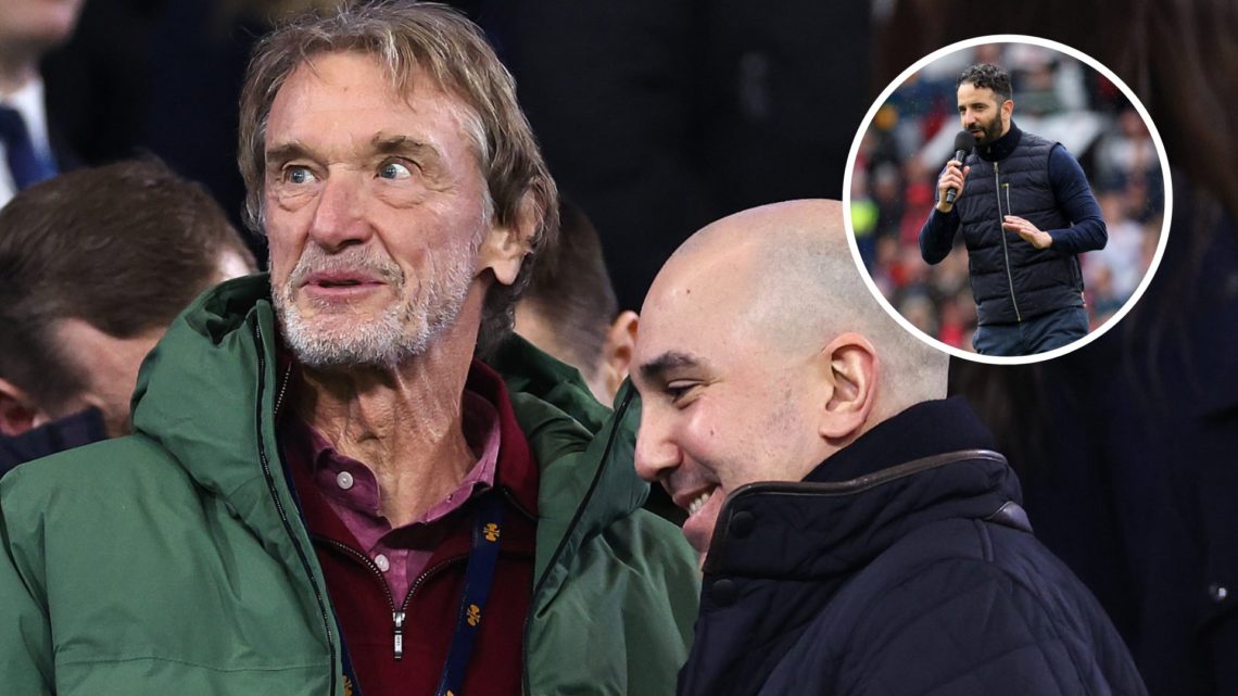 Manchester United co-owner Sir Jim Ratcliffe, CEO Omar Berrada, inset of head coach Ruben Amorim.
