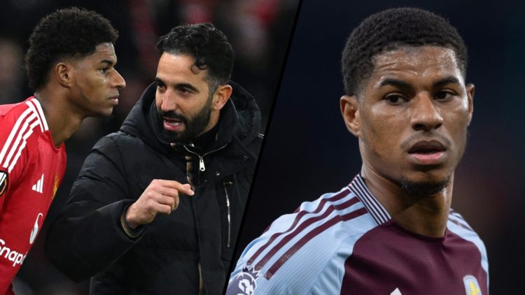 Manchester United and England forward Marcus Rashford at Aston Villa, inset a photo of the player with manager Ruben Amorim.