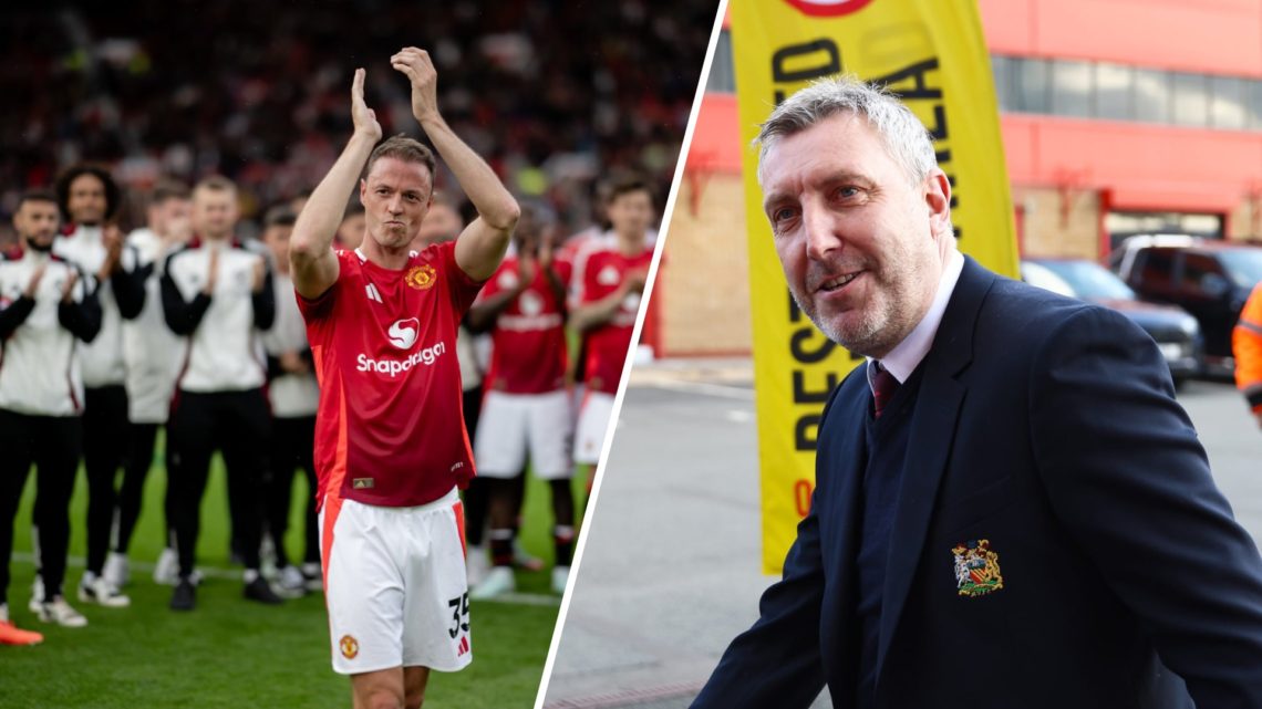 A split image of Manchester United defender Jonny Evans (L) and Manchester United director of football Jason Wilcox (R)