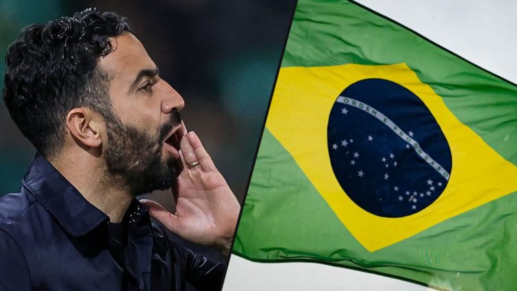 Manchester United manager Ruben Amorim during his time as the head coach of Sporting CP, inset a photo of the Brazil flag.